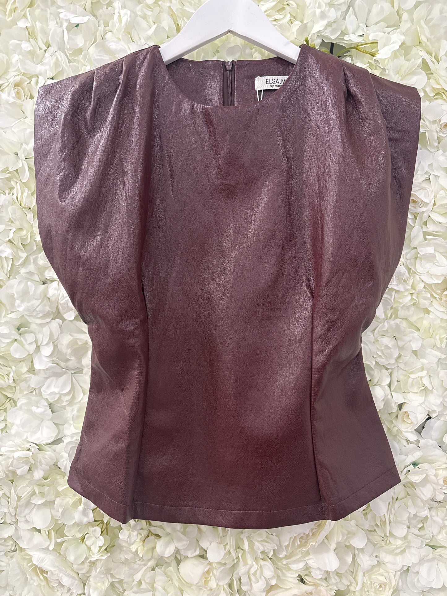 Absolutely gorgeous faux leather top in deep burgundy, Sass