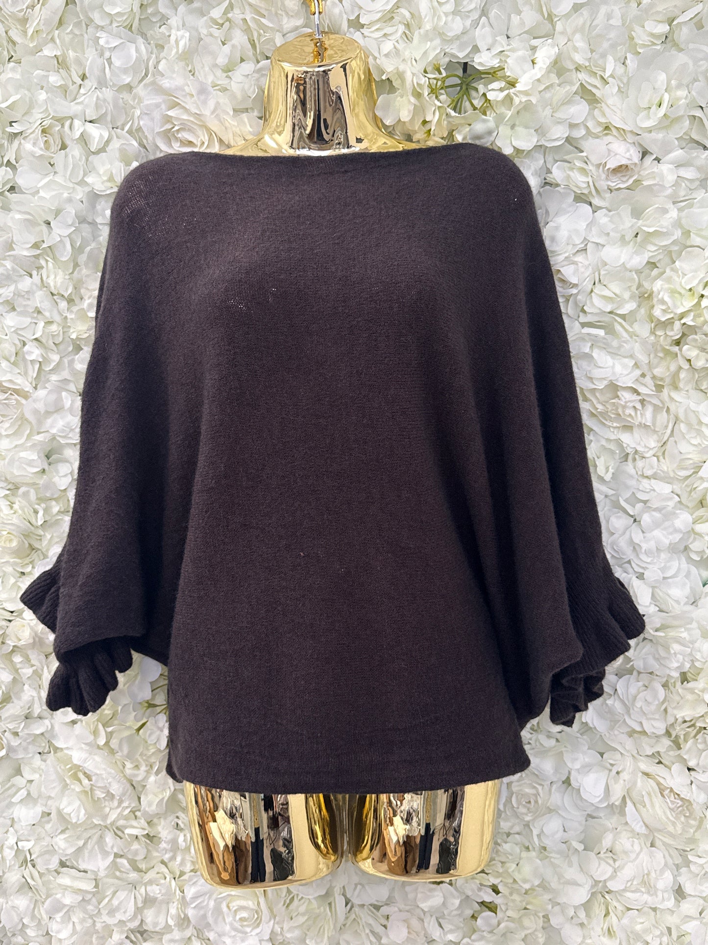 Frill sleeve jumper in chocolate, Colette