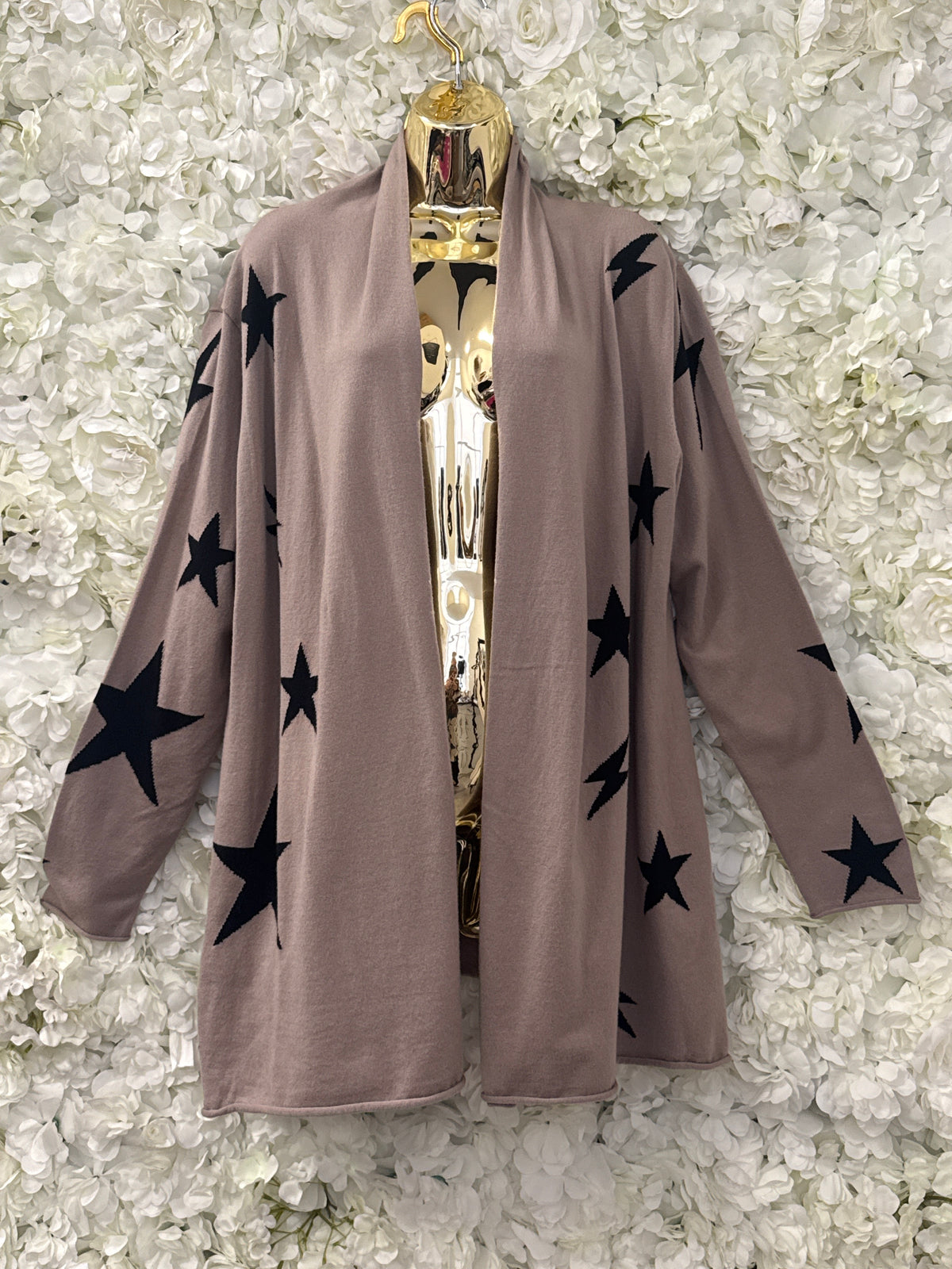Malissa J collection, star & lightening bolt cardigan in mushroom , Star