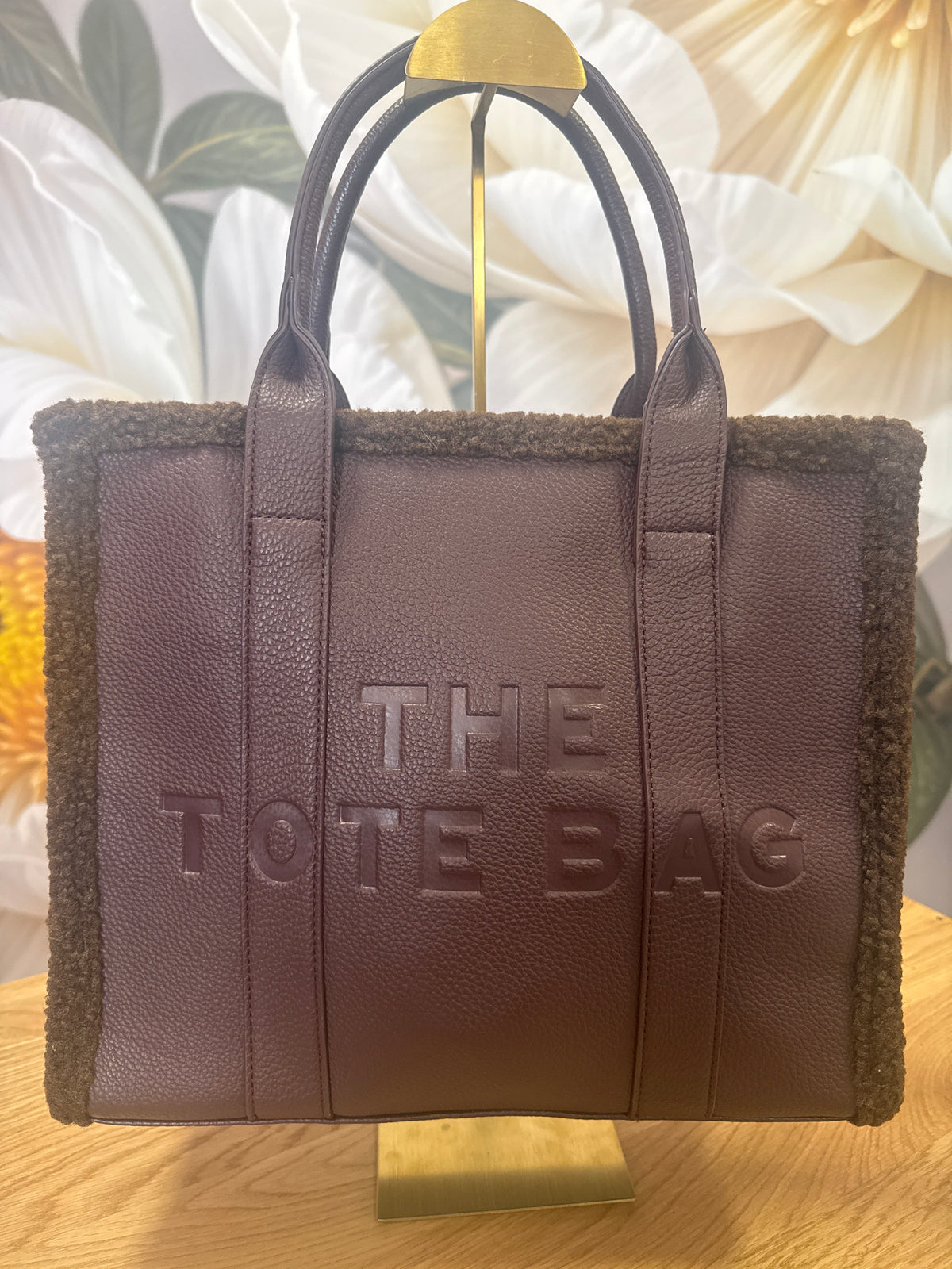 Lovely coffee tote bag with faux shearling trim,Barney