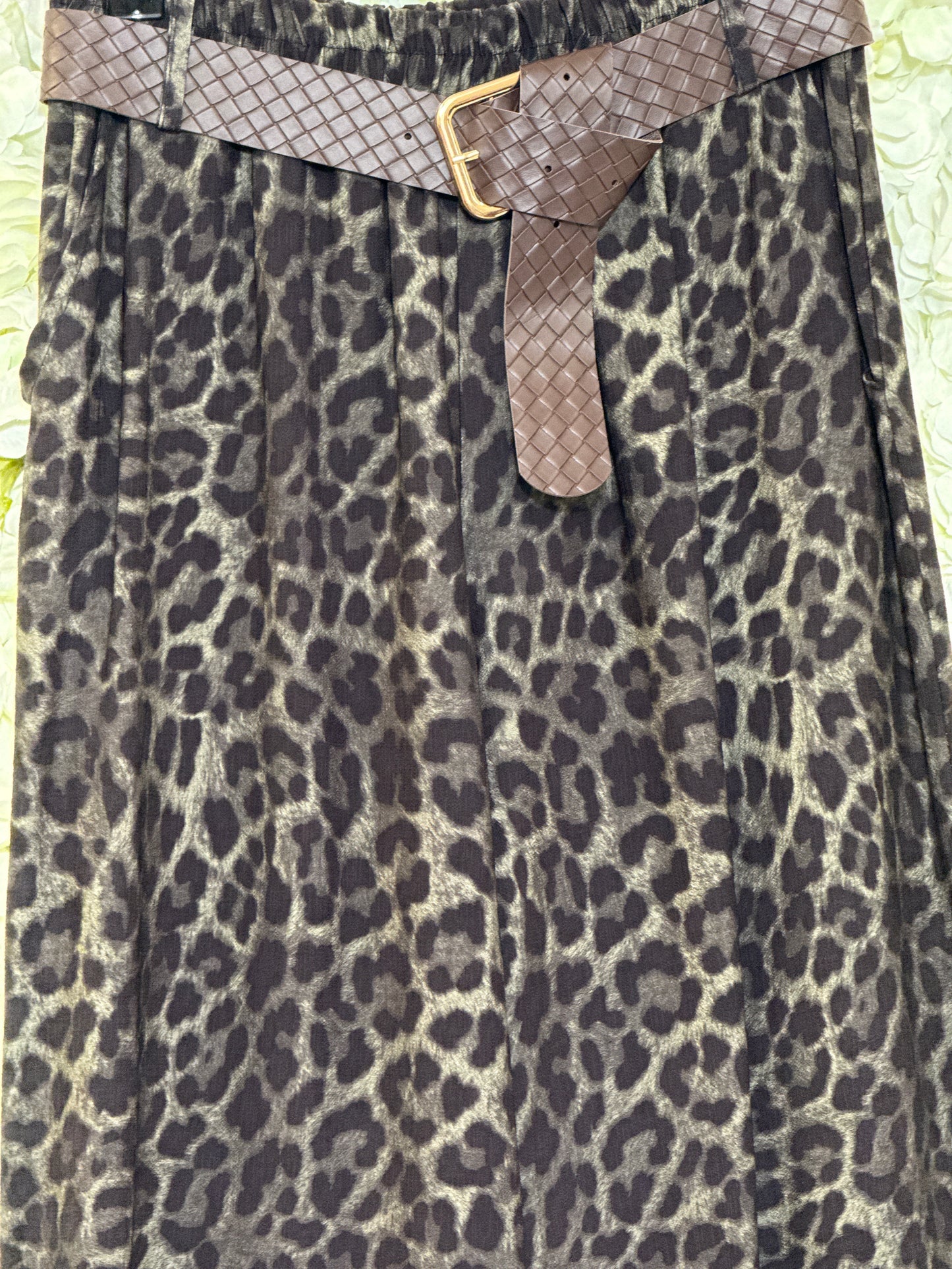 Stunning leopard print wide leg trousers, Sage Green