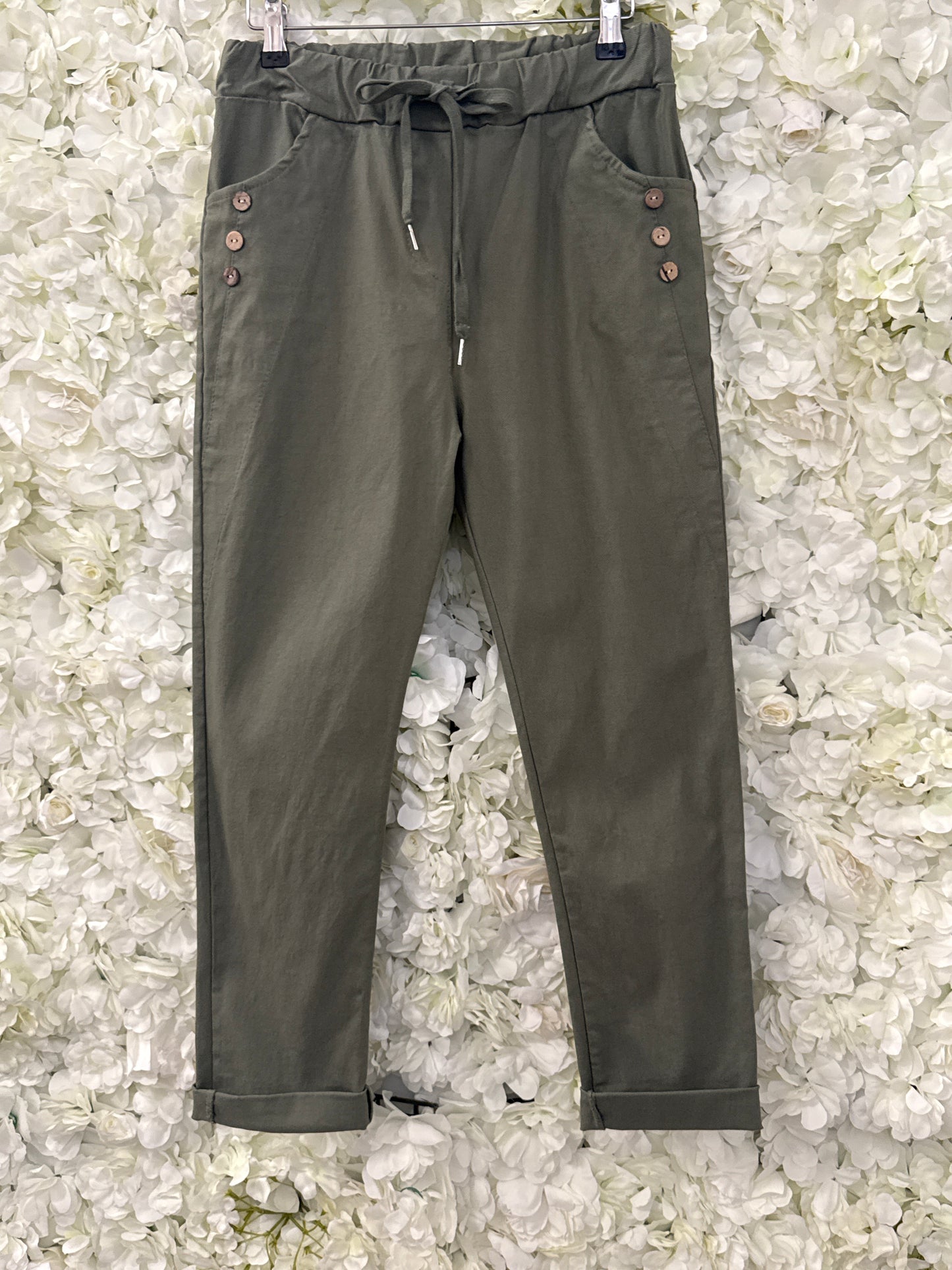 Lovely super stretchy trousers with button detail, Mel Green