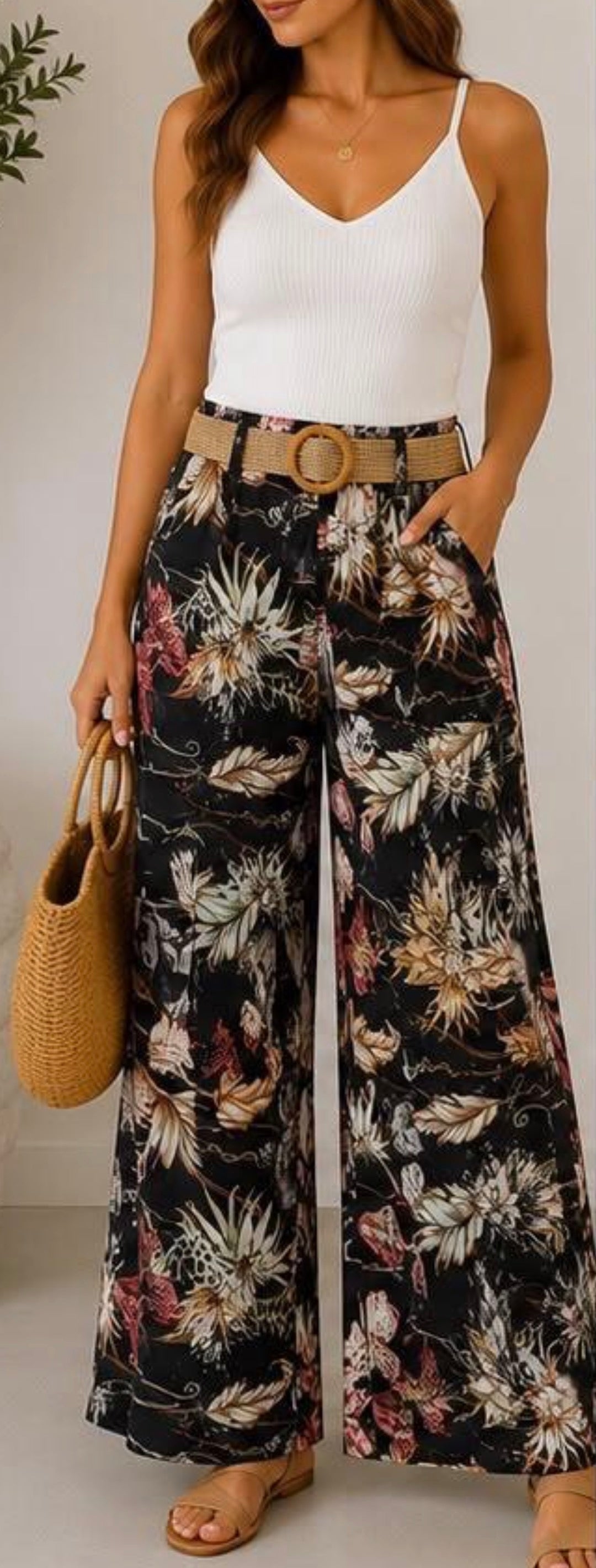 Gorgeous silky botanical wide leg trousers , Saskia black