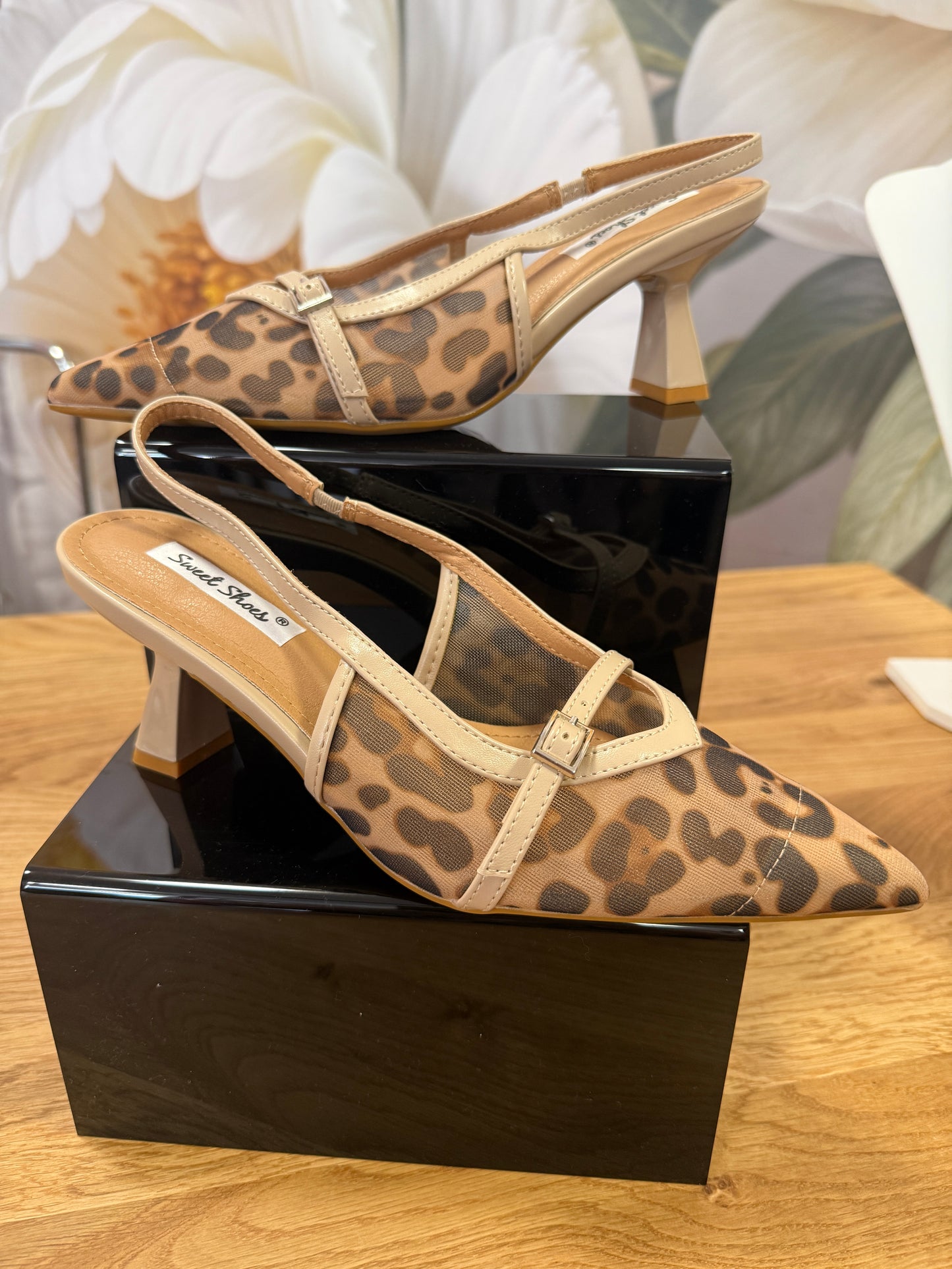 Leopard print sling backs, cornflower