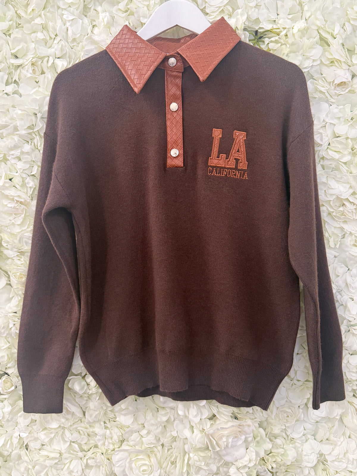 Gorgeous LA jumper with faux leather collar, Tory chocolate