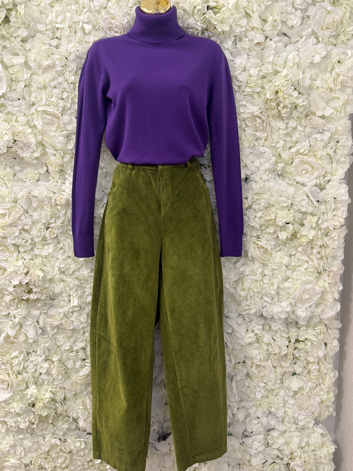 Lovely lime green corduroy barrel legs, Enya