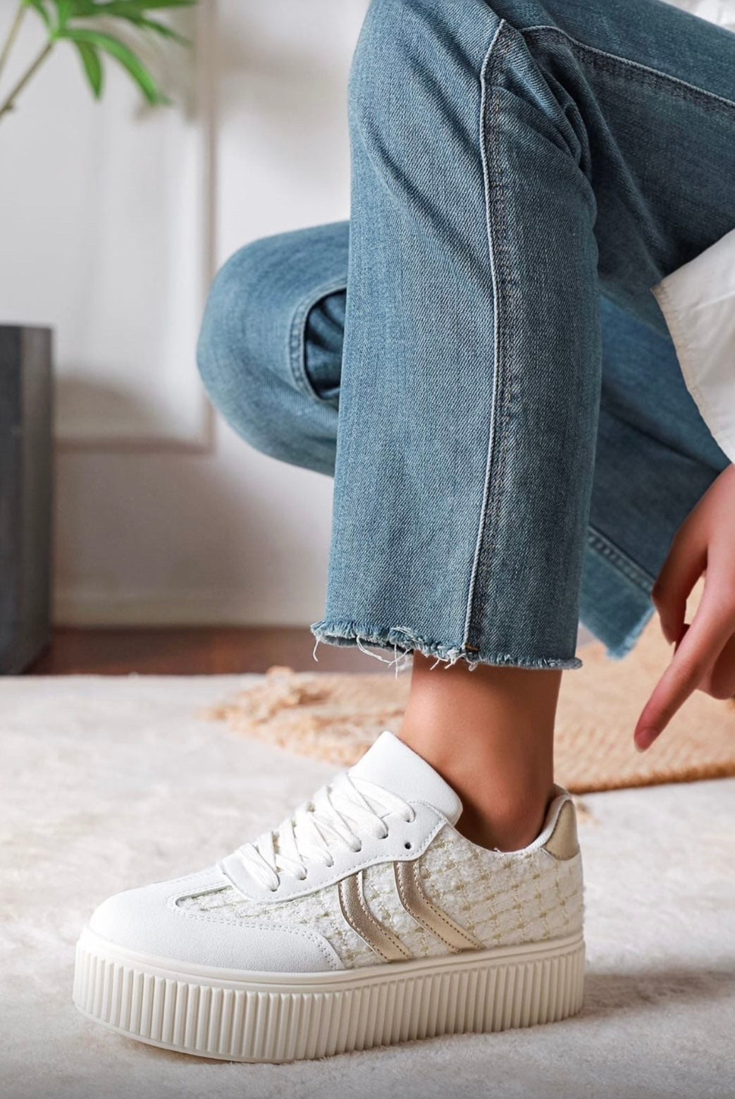 white tweed platform trainers calla