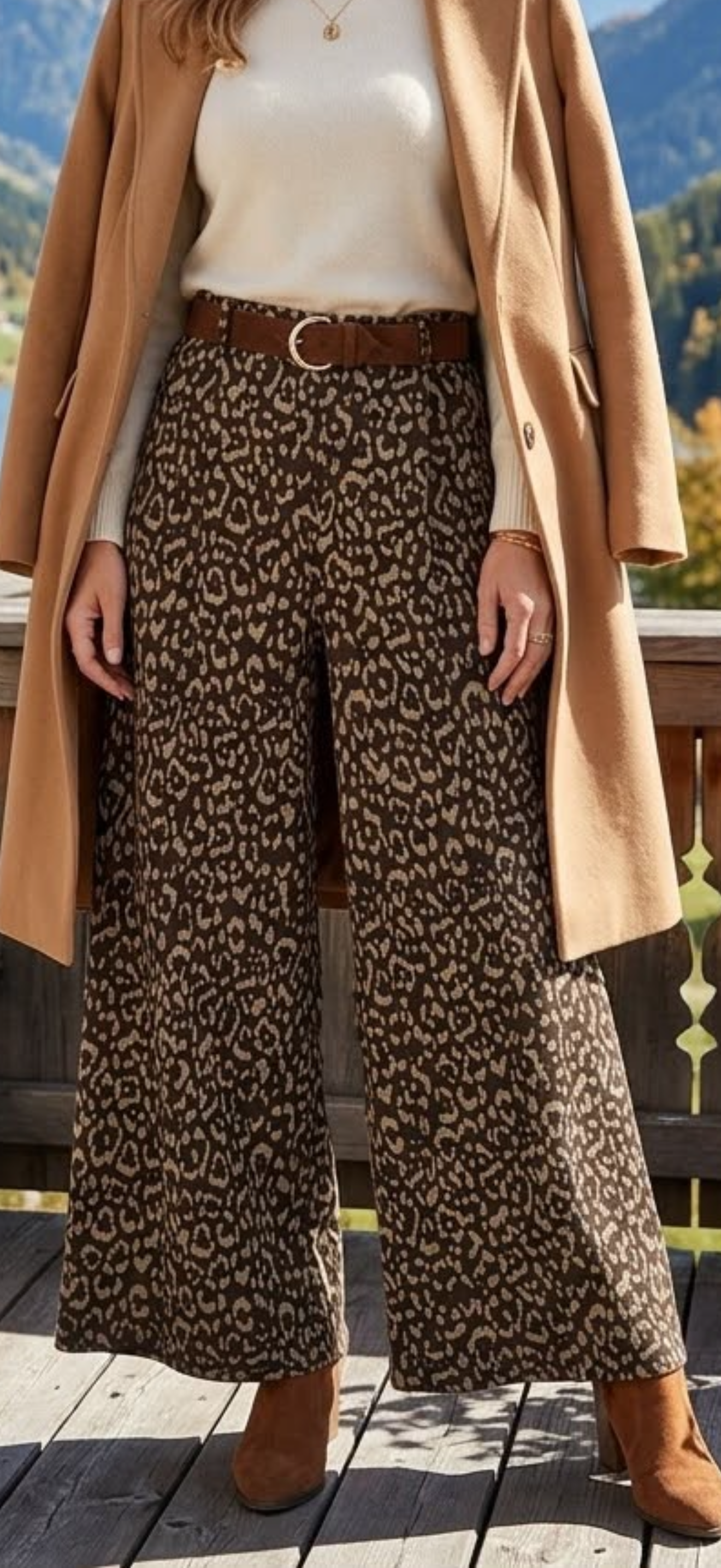 Gorgeous wide leg soft scuba pants in chocolate animal print, Ella