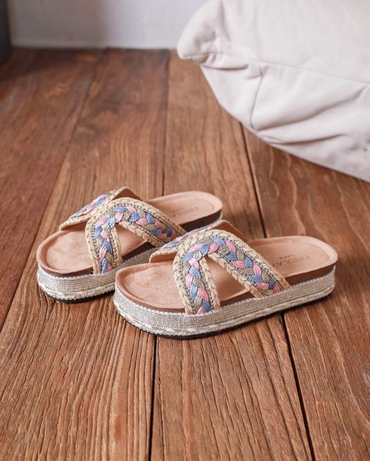 Blue pink cross over sandals daisy