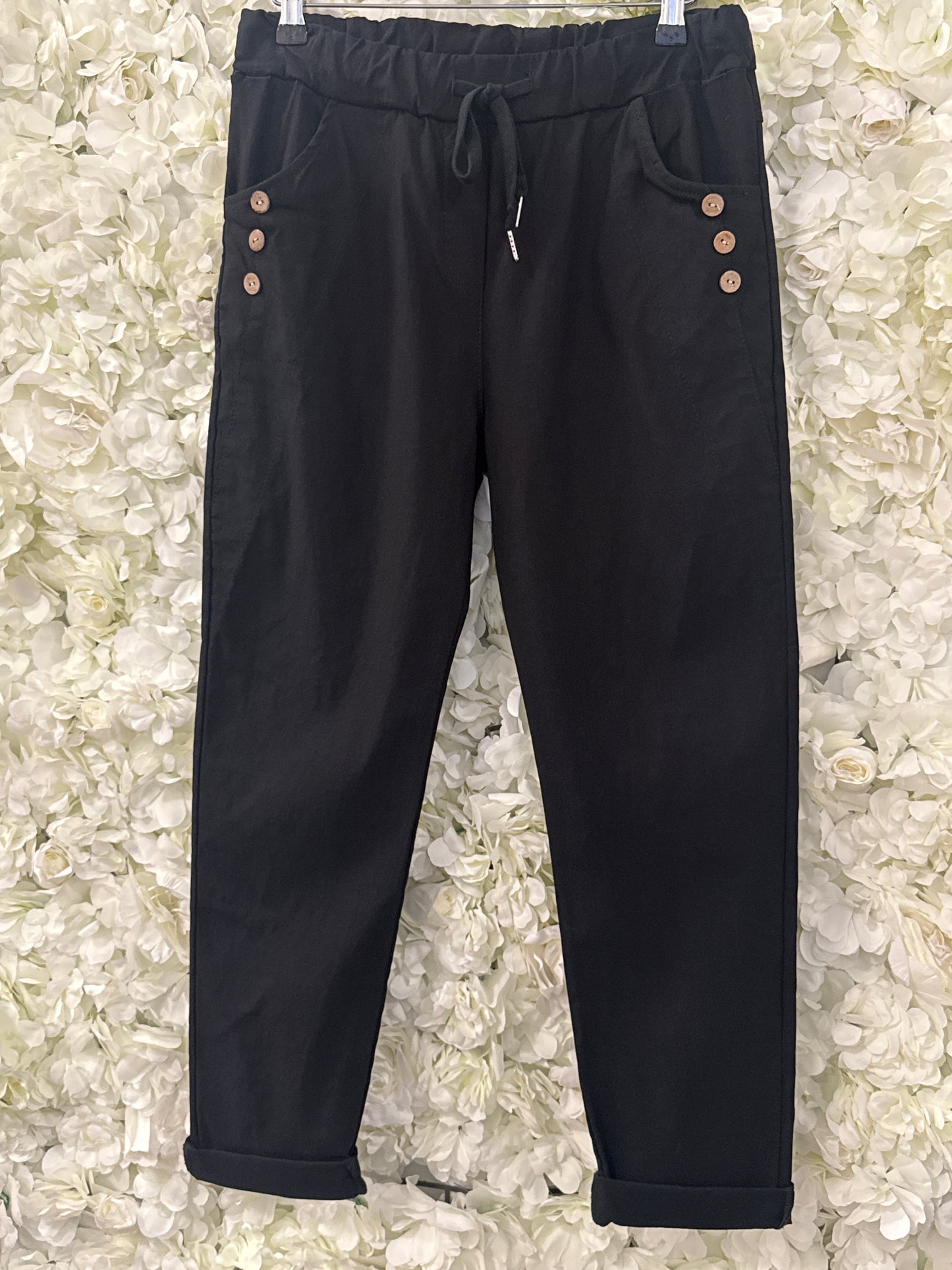 Lovely super stretchy trousers with button detail, Mel black