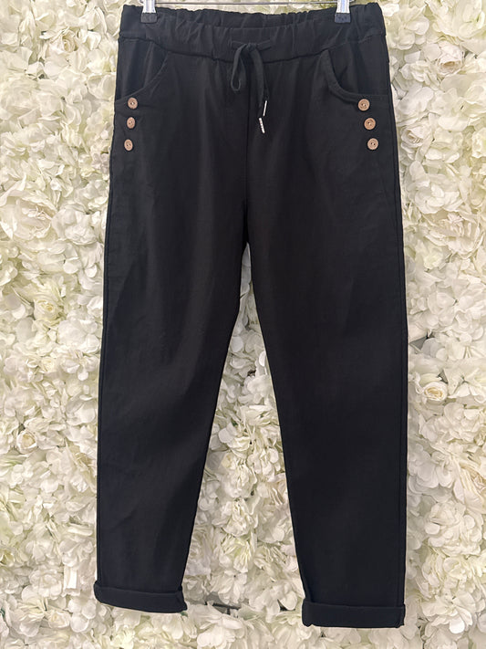 Lovely super stretchy trousers with button detail, Mel black