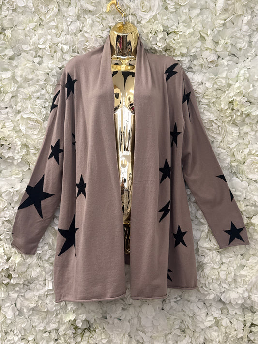 Malissa J collection, star & lightening bolt cardigan in mushroom , Star