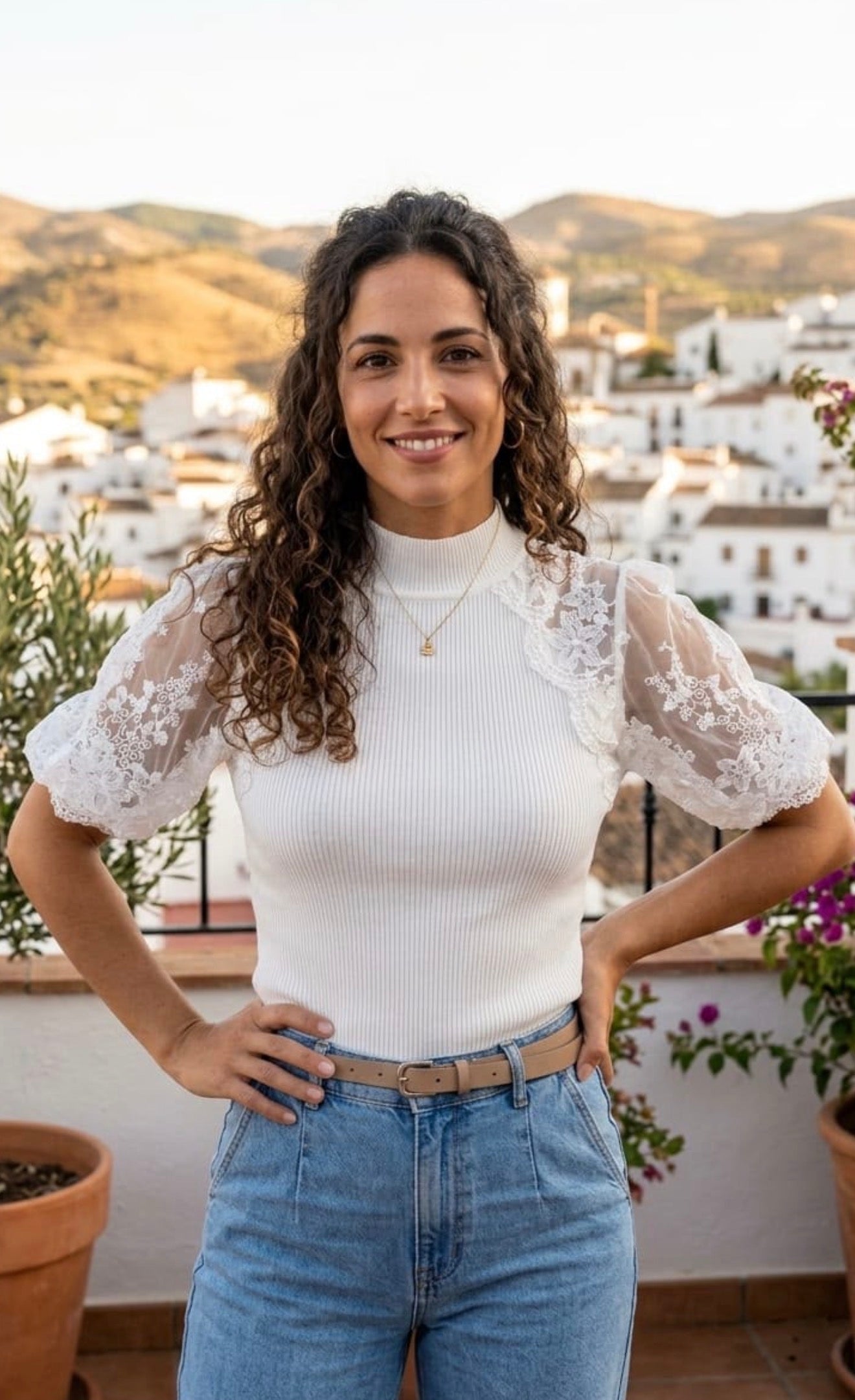Beautiful artic white jumper with lace sleeves, Layla
