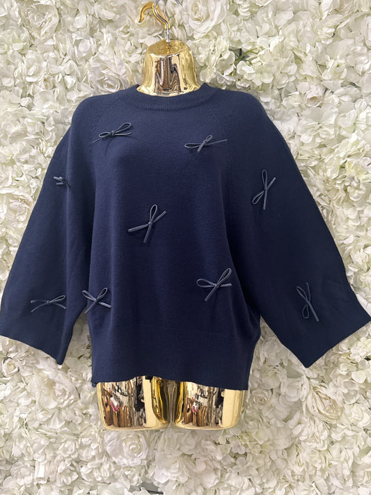 Stunning navy  jumper with faux leather bows, Flick