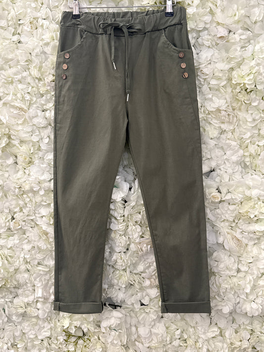 Lovely super stretchy trousers with button detail, Mel Green