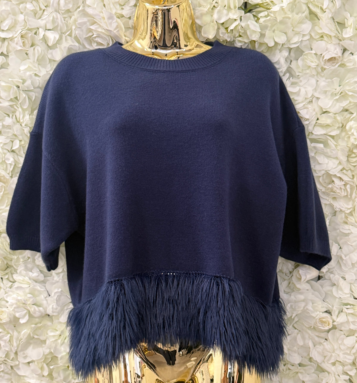 Stunning short sleeved jumper with faux fur trim, Emma blue