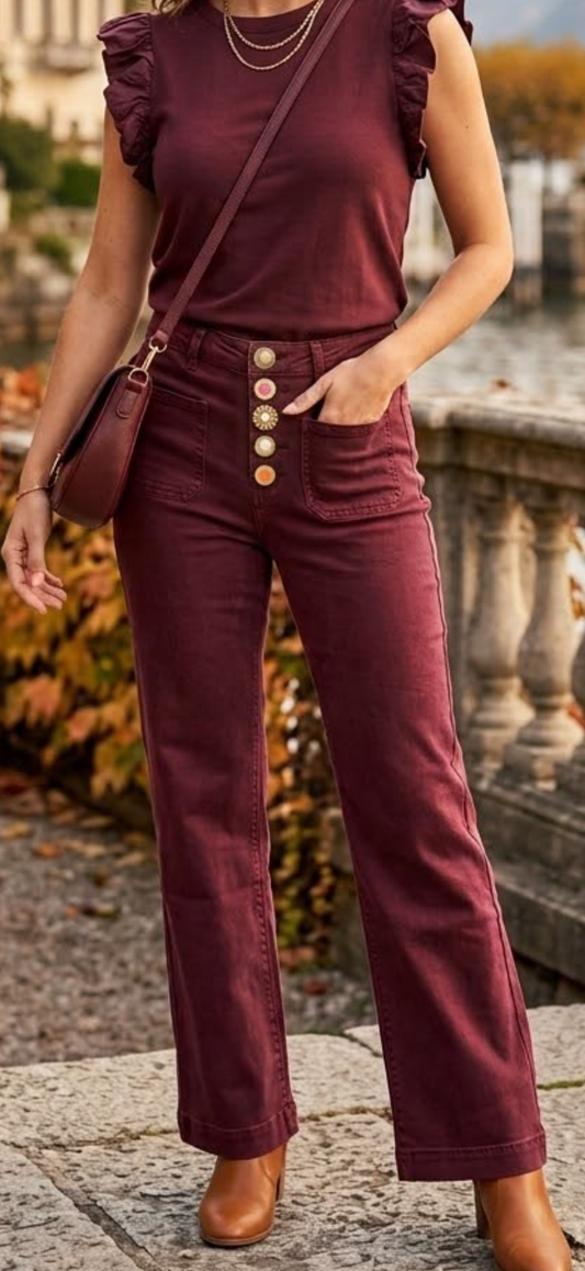 Multi button jeans, Isla burgundy