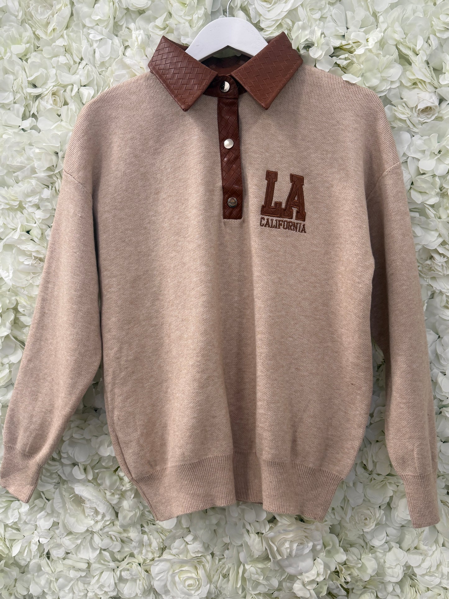 Gorgeous LA jumper with faux leather collar, Tory beige