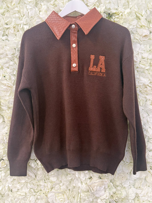 Gorgeous LA  jumper with faux leather collar, Tory chocolate