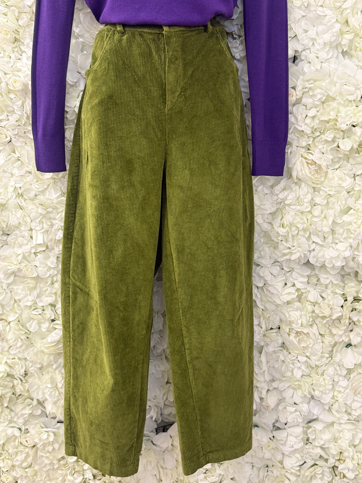 Lovely lime green corduroy barrel legs, Enya